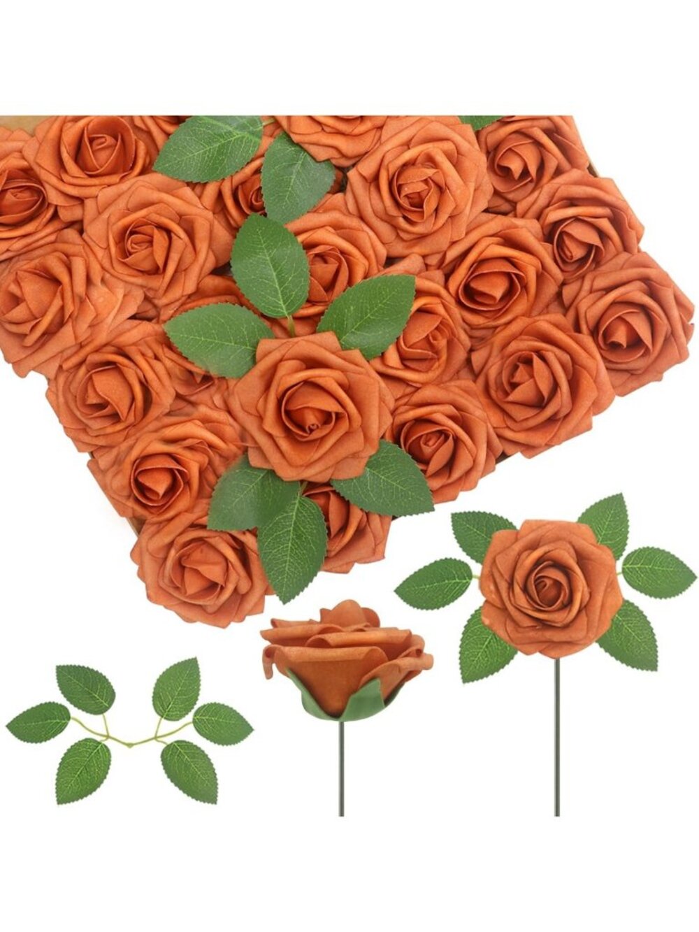 100PCS Burnt Orange Realistic Foam Roses with Bendable Stems & 24 Leaves for DIY